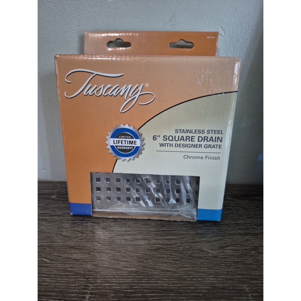 Tuscany Stainless Steel 6" Square Chrome Finish Drain w/Designer Grate #689-6135